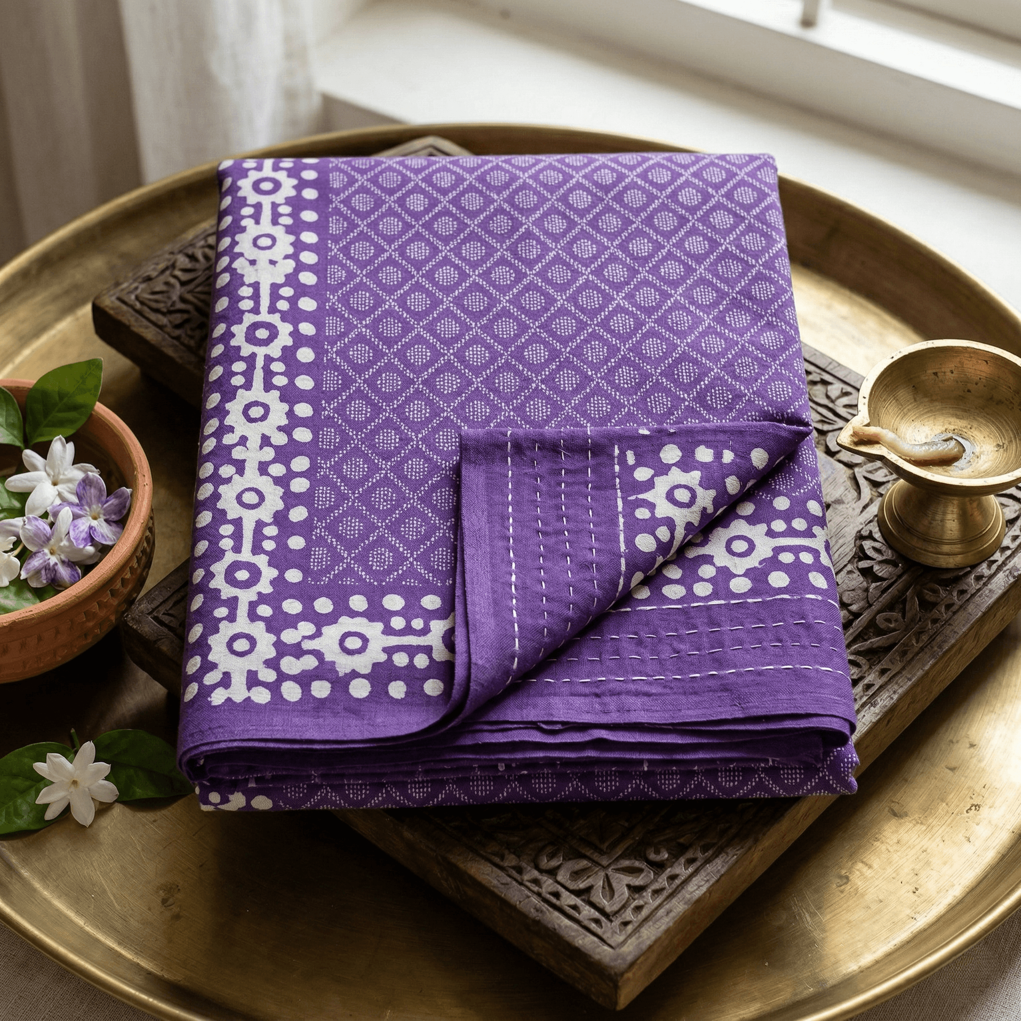 lightweight cotton batik saree with kantha works
