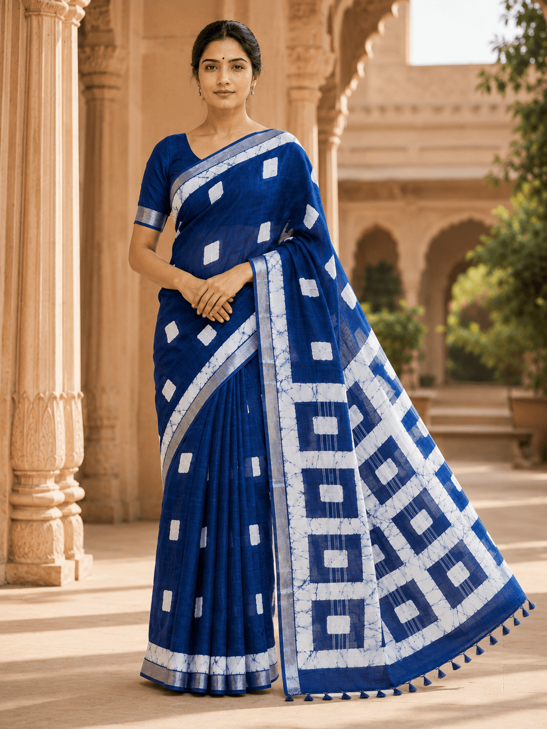 handcrafted linen batik saree with blouse piece – indigo blue