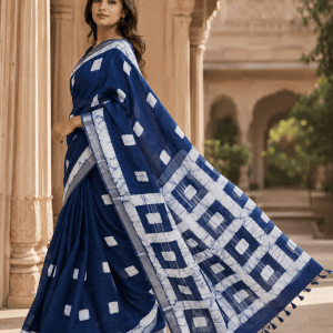 handcrafted linen batik saree with blouse piece – indigo blue