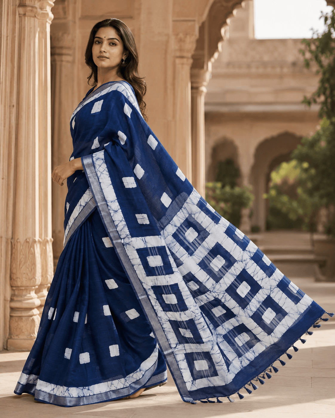 handcrafted linen batik saree with blouse piece – indigo blue