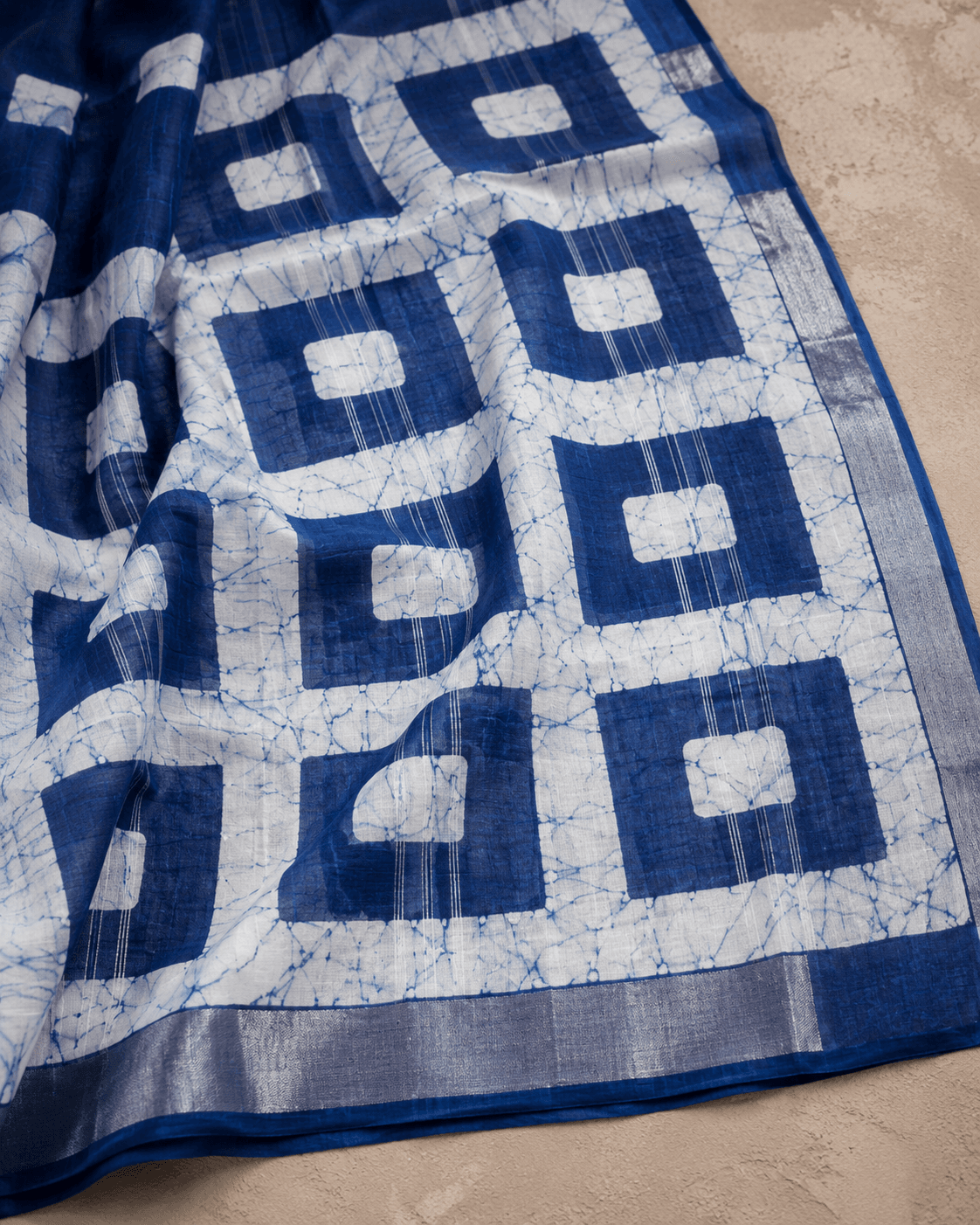 handcrafted linen batik saree with blouse piece – indigo blue