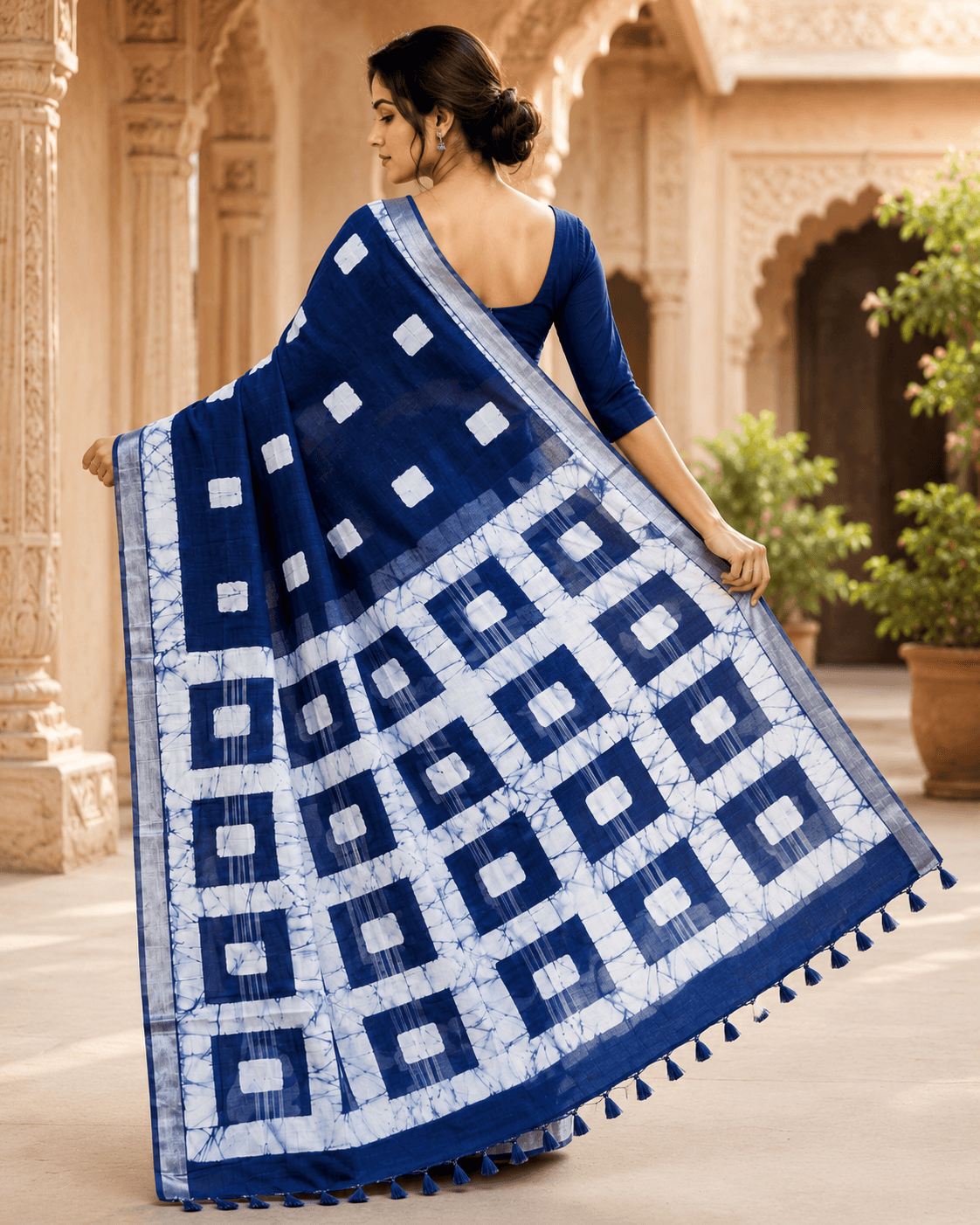 handcrafted linen batik saree with blouse piece – indigo blue