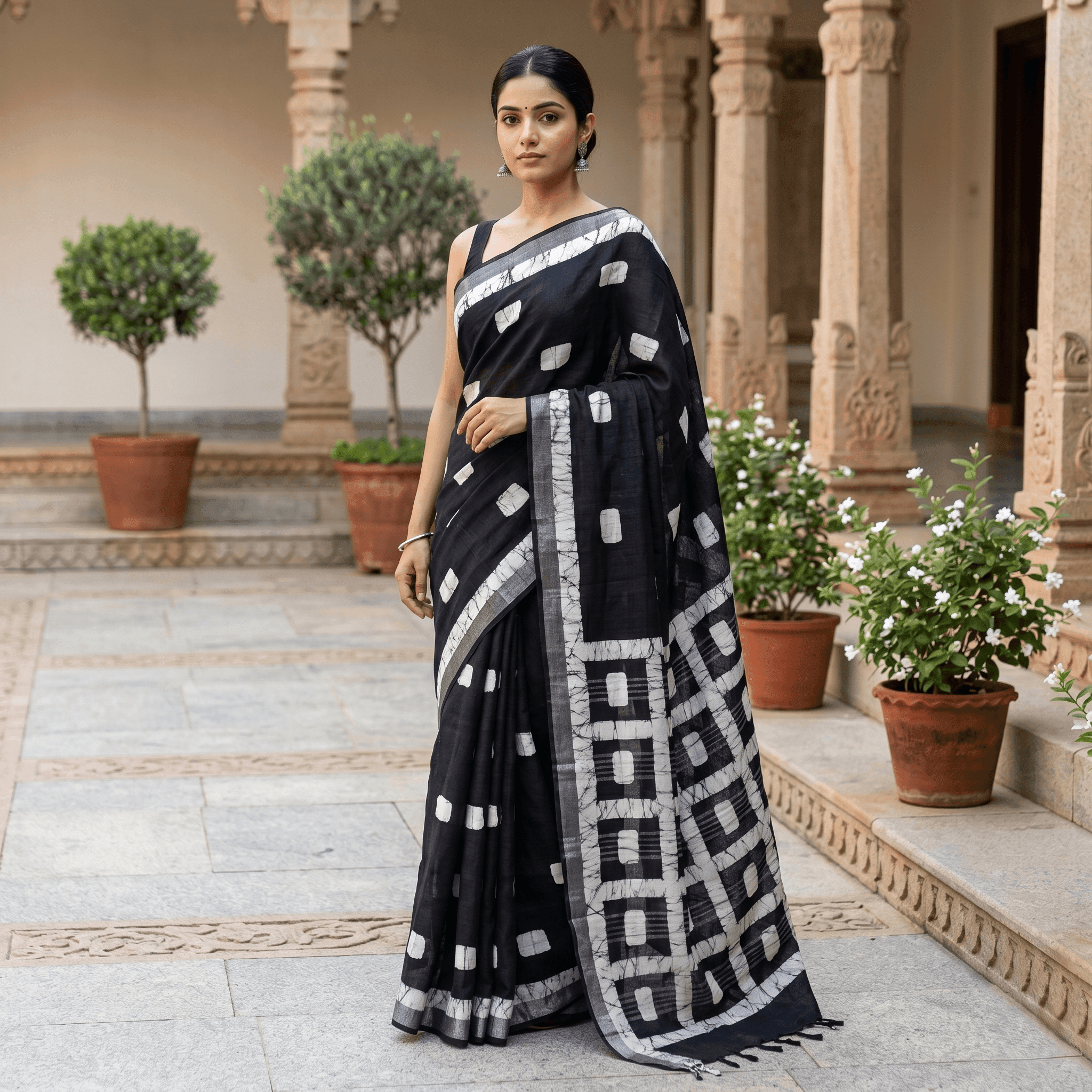 linen batik black front