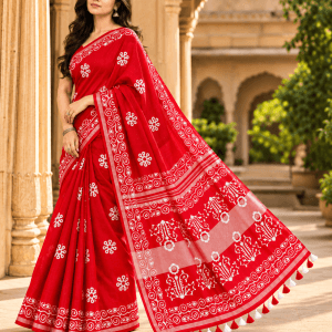 crimson saree in a sandstone courtyard