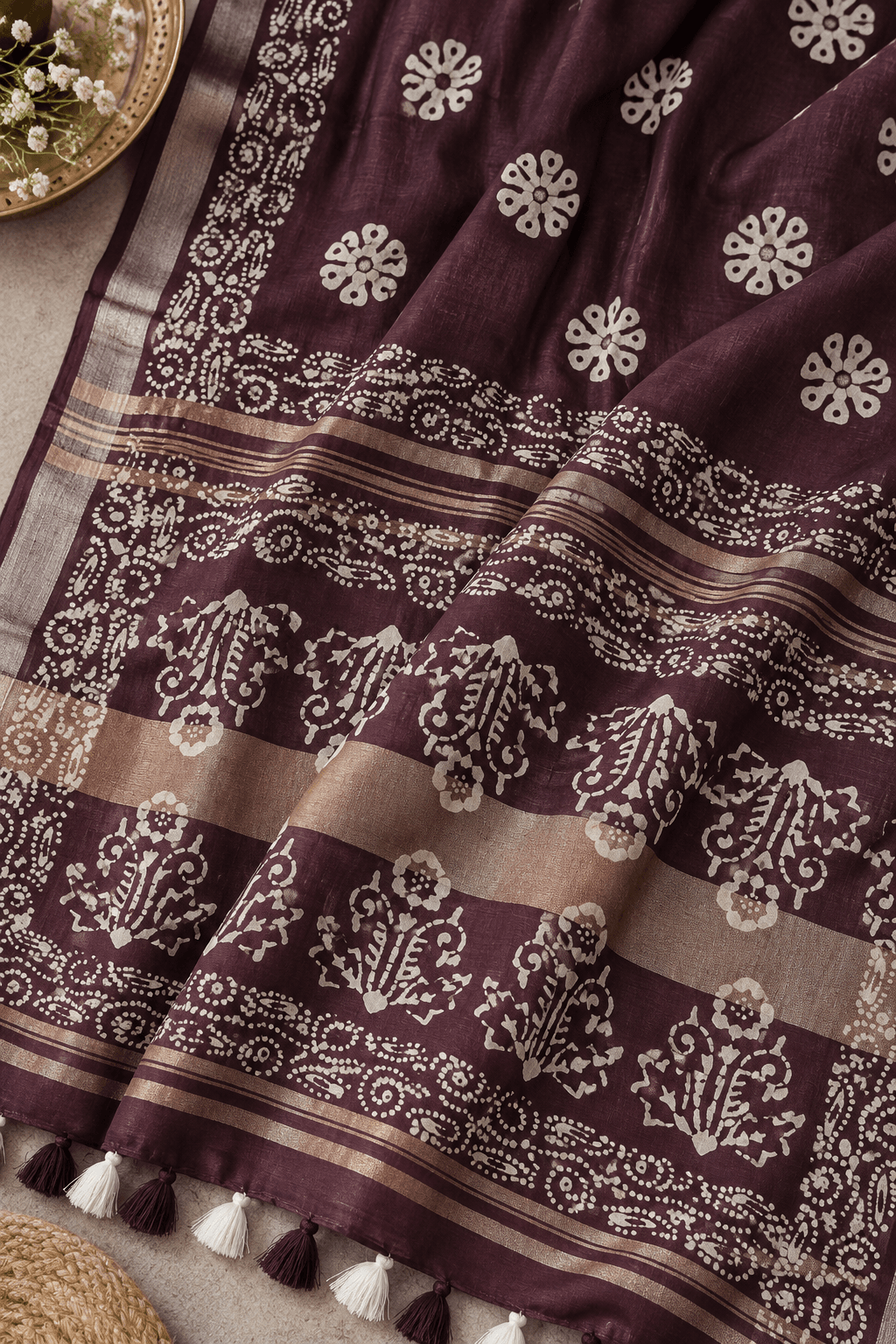 plum batik textile flatlay with tassels plum batik textile flatlay with tassels