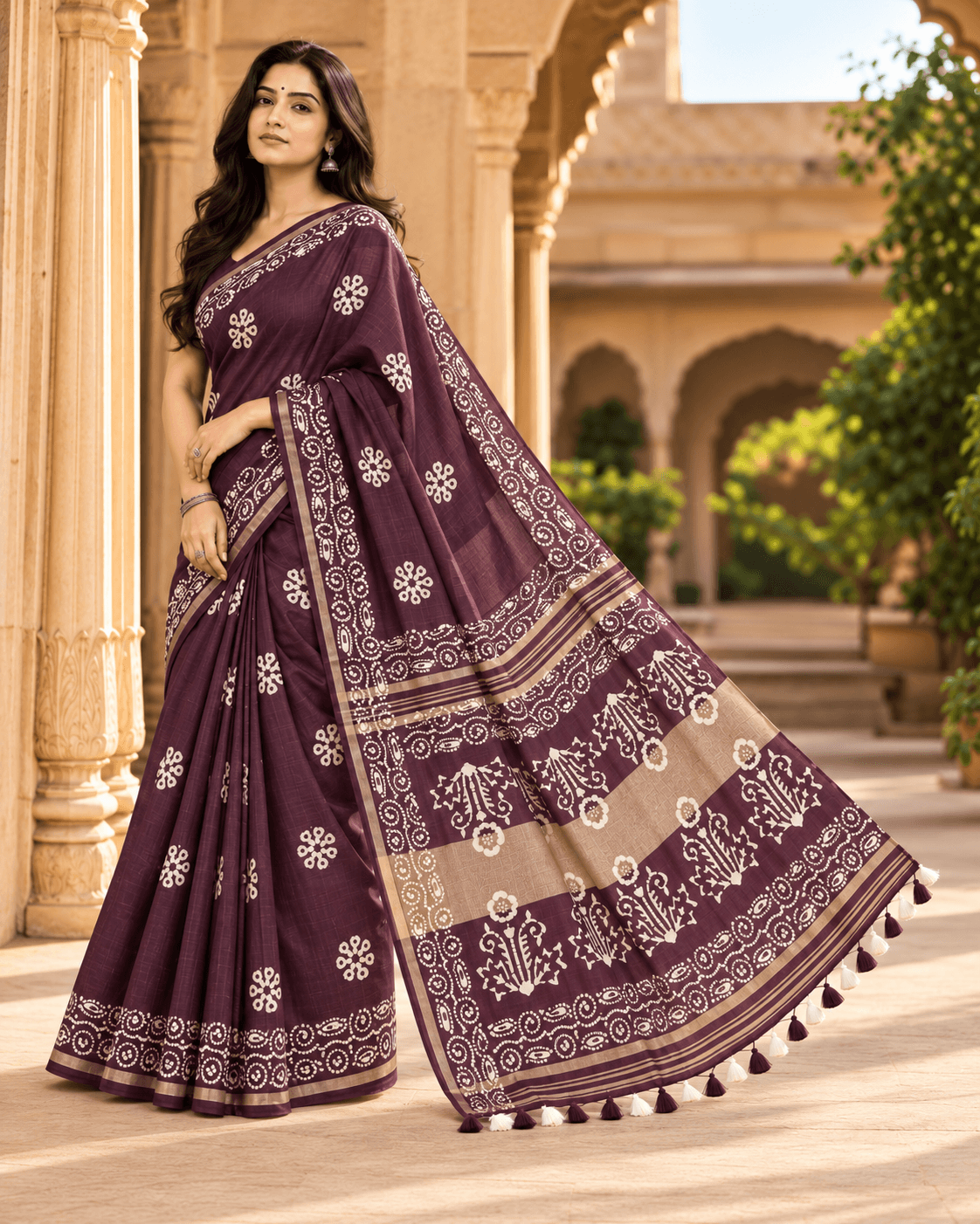 plum saree in a sunlit courtyard plum saree in a sunlit courtyard