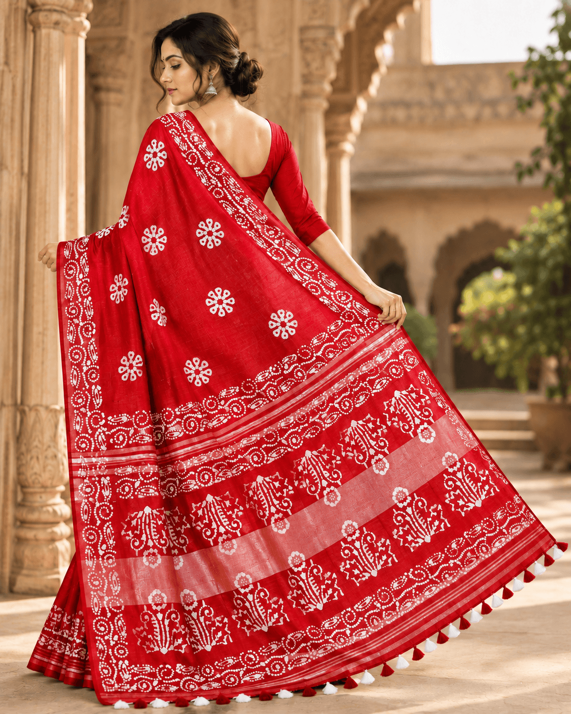 red saree in a heritage courtyard red saree in a heritage courtyard